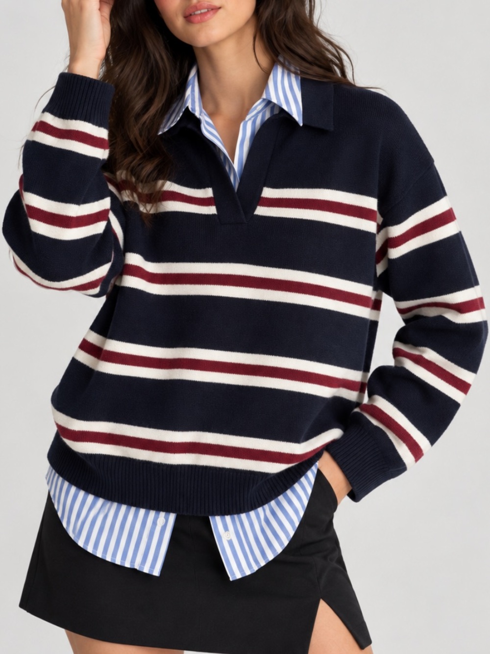 NWT Cynthia Rowley Rugby Striped Pullover Shirt Sweater in Navy Blue and Burgund